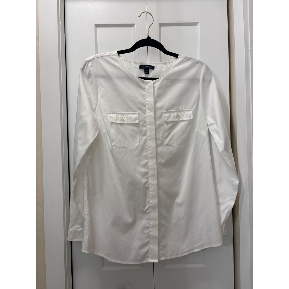 Lands End Womens 8 White Cotton Collarless Long Sleeve Button Up Blouse Top